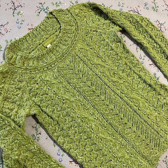 Sigrid Olsen Cable Knit Sweater Fisherman Pullover Jumper Pointelle Green XS - Picture 3 of 7